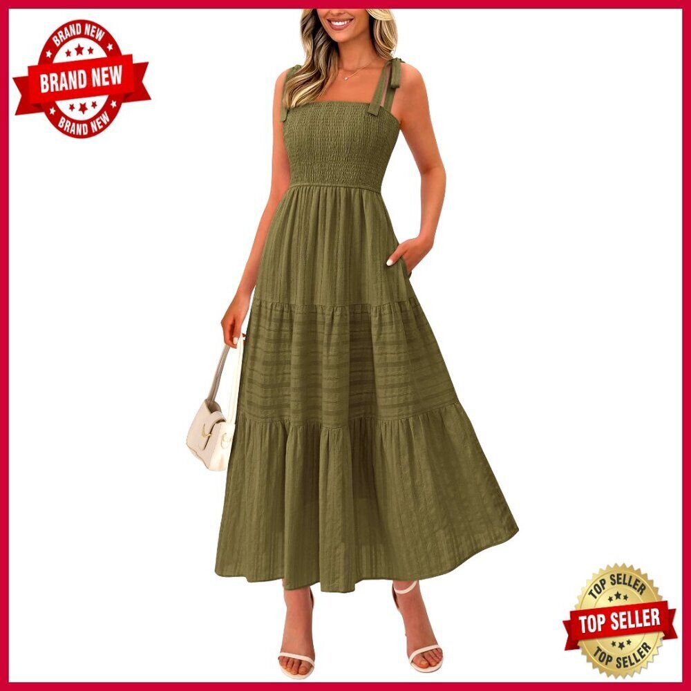 Boho Maxi Dress Sleeveless Smocked A-Line Casual Sundress with Pockets - Picture 1 of 7